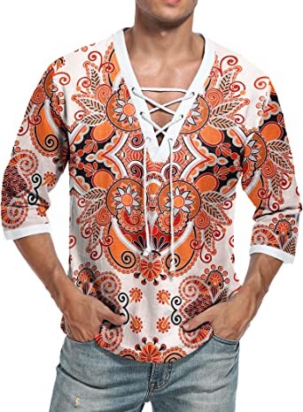 LecGee Men's Casual Cotton Linen Shirt Short Sleeve V Neck Tie Hippie Beach Tee Yoga Summer Top